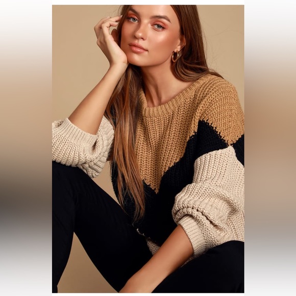 LuLu’s Autumn Leaves Tan Multi Chevron Stripe Knit Sweater - Picture 1 of 4